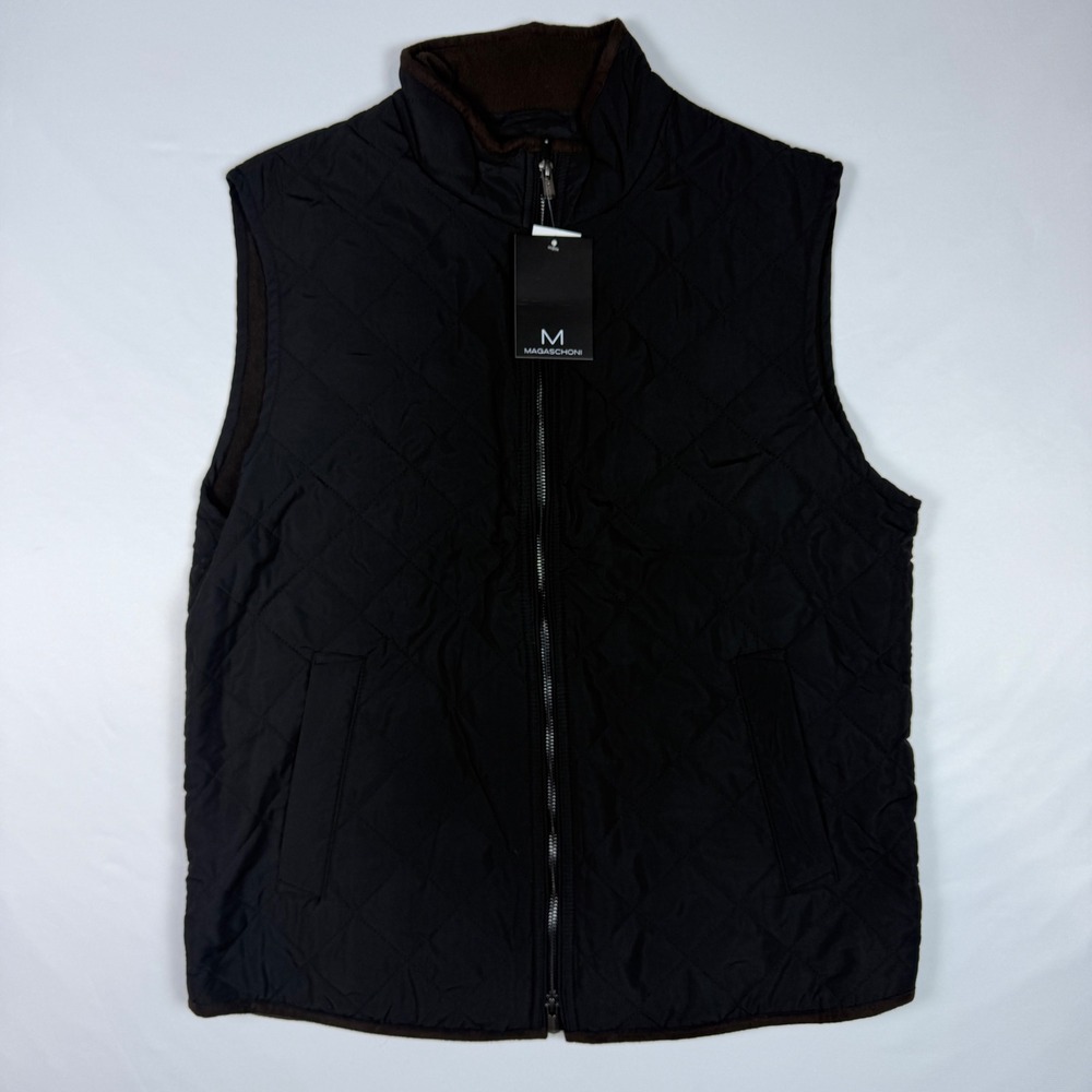 Magaschoni Mens Quilted Fleece Lined Vest Large Black Full Zip Mock Neck NEW